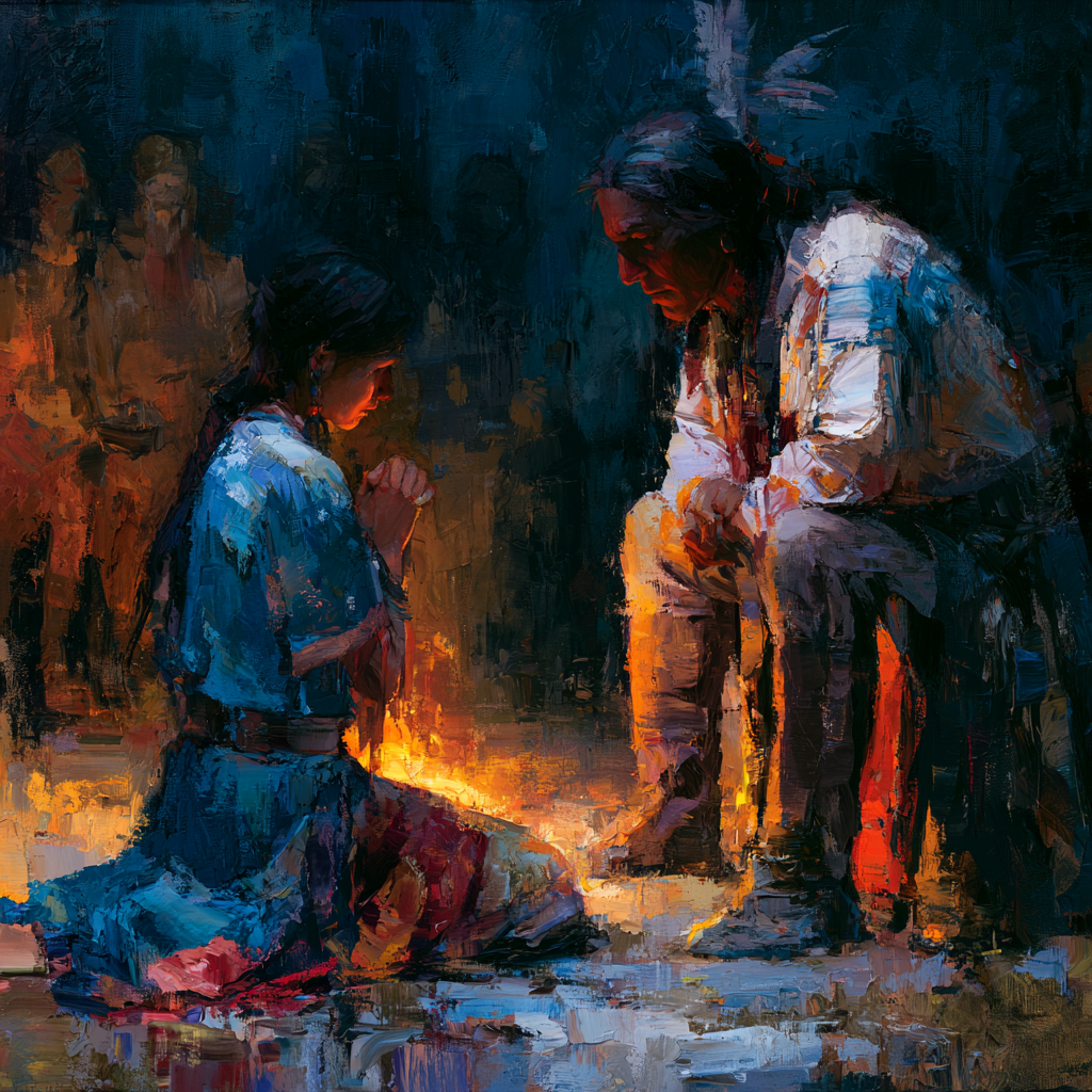 A native american mother kneeling before a native american tribal chief in an outdoor council setting