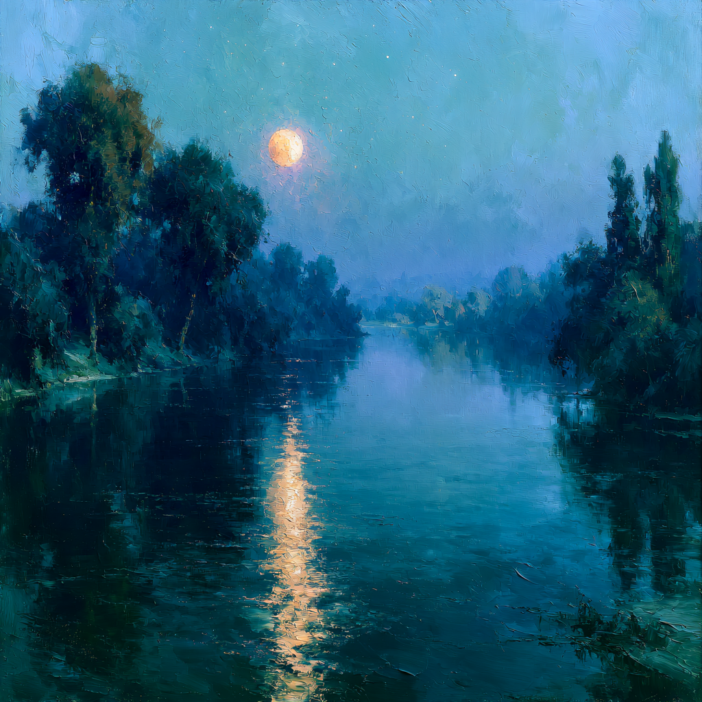 A perfectly still lake reflecting a full moon and soft starlit sky,