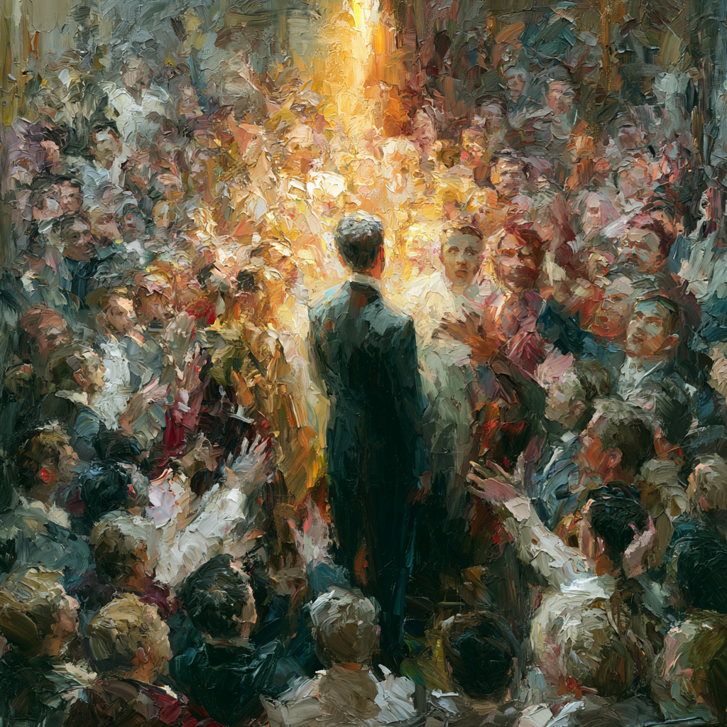 A politician standing in the middle of an agitated crowd