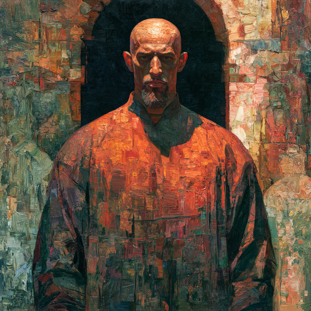 A powerful, bald-headed figure standing at the centre of a scene of transformation