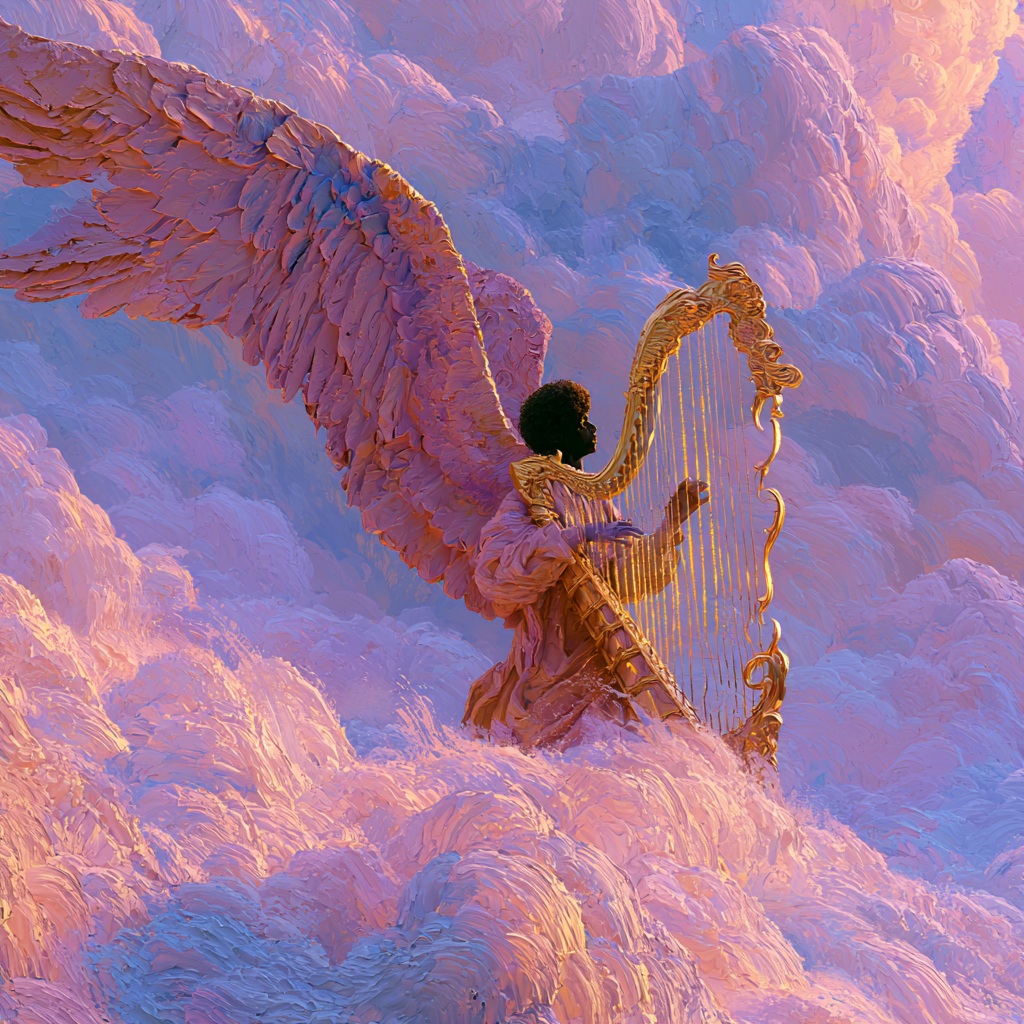 Capricorn 9 - A radiant black angel gently carrying an ornate golden harp through soft, pink, luminous clouds