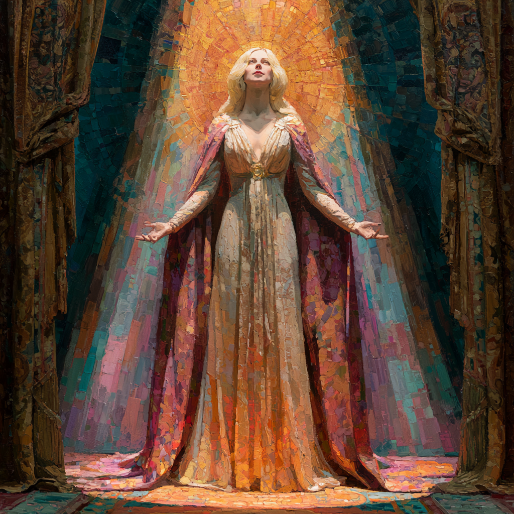 Sagittarius 10 - A radiant golden-haired goddess figure standing center stage under dramatic theatrical lighting