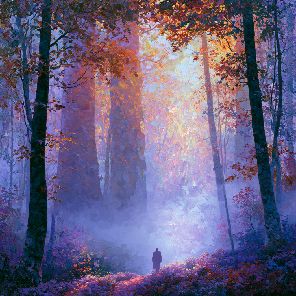 A regal fairy king approaching a luminous, ethereal domain of ancient trees and soft mist