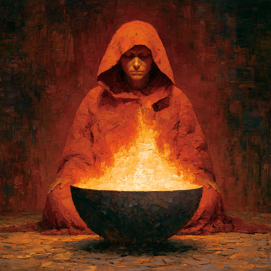 Capricorn 13 - A robed figure sitting in deep meditation before a sacred fire