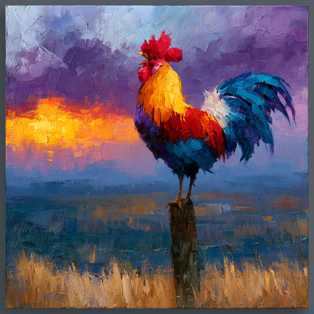 A rooster crowing atop a fence post at first light