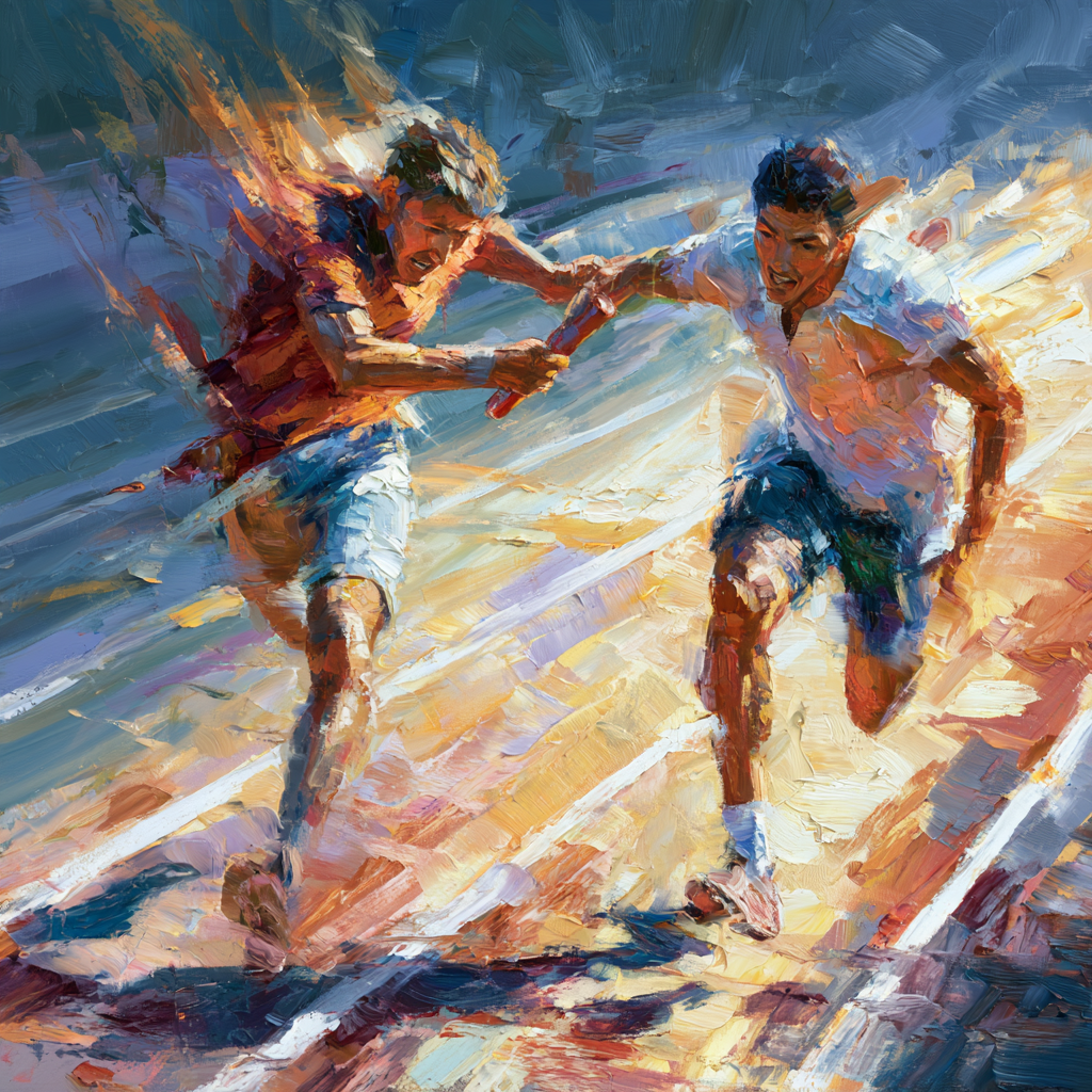Capricorn 21 - A runner passing a baton to a teammate mid-stride on a sunlit track