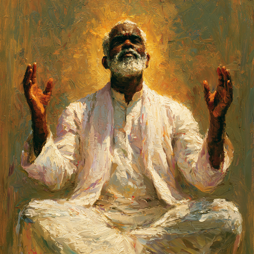 Aquarius 4 - A serene dark skin middle-aged Hindu yogi seated in meditation