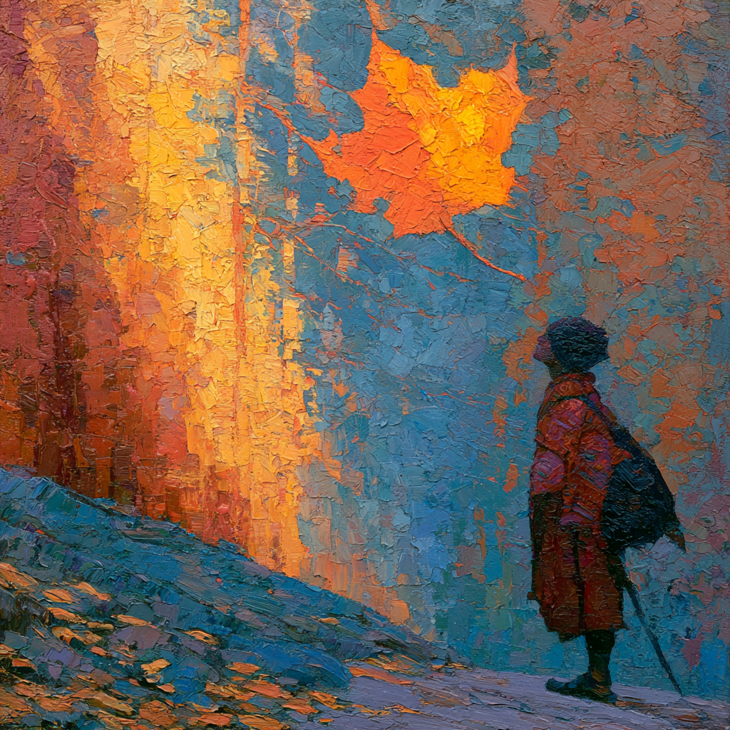 A single autumn leaf caught mid-fall in soft golden light, a lone pilgrim figure pausing on a quiet path to notice it