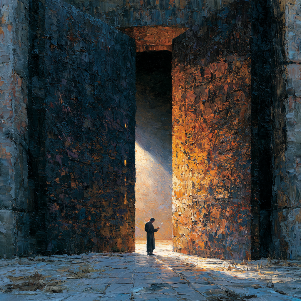 A single figure standing at the threshold of an enormous gate or doorway