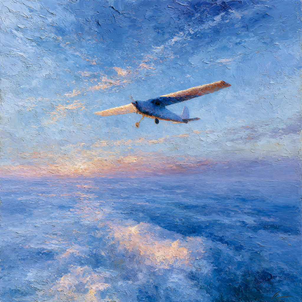 A small airplane suspended motionless high above the clouds