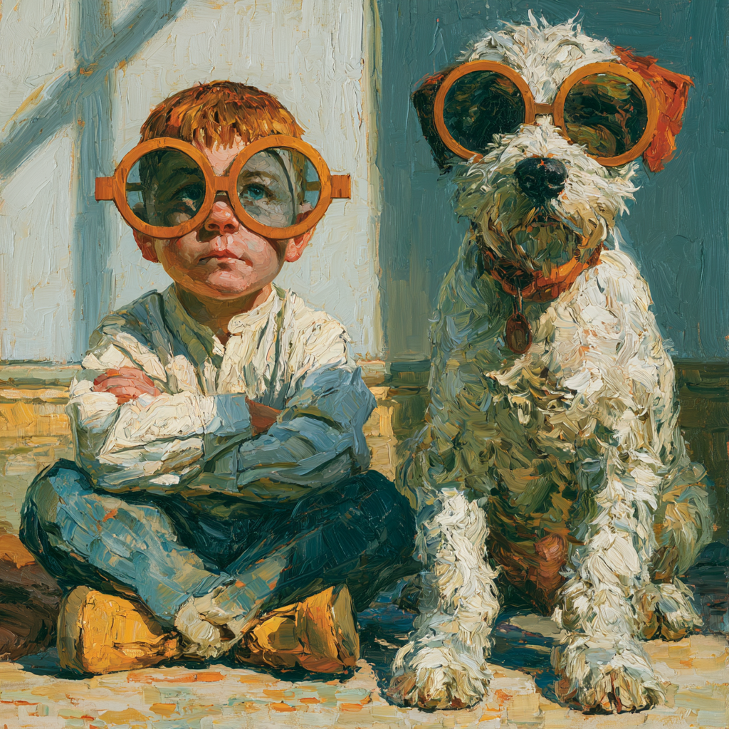 Sagittarius 21 - A small child and a dog sitting together, both wearing oversized, comically large spectacles
