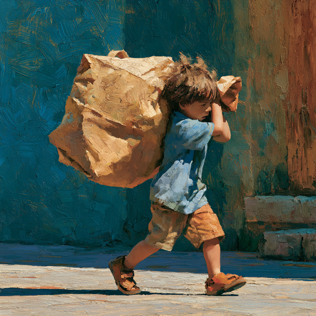 Capricorn 19 - A small child determinedly carrying an oversized grocery bag along a sidewalk