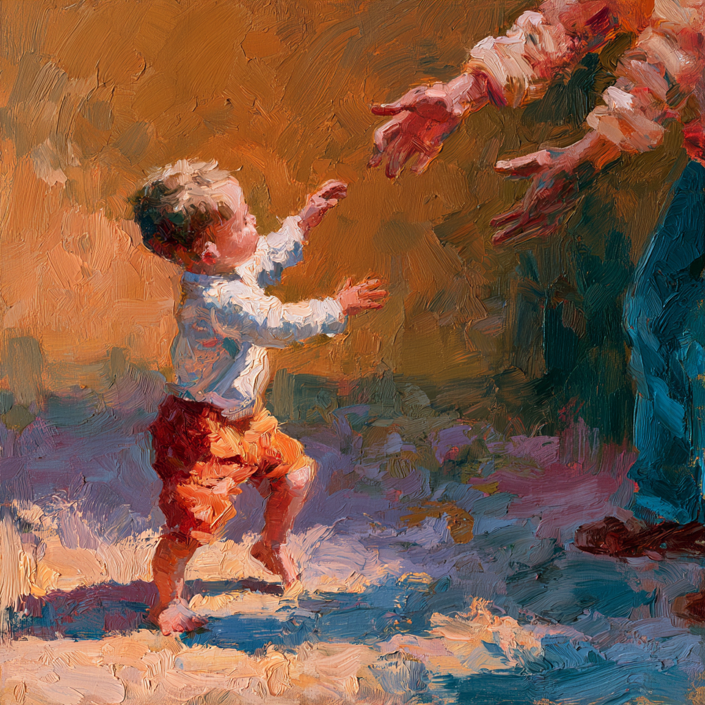 Sagittarius 4 - A small child taking wobbling first steps toward outstretched parental hands