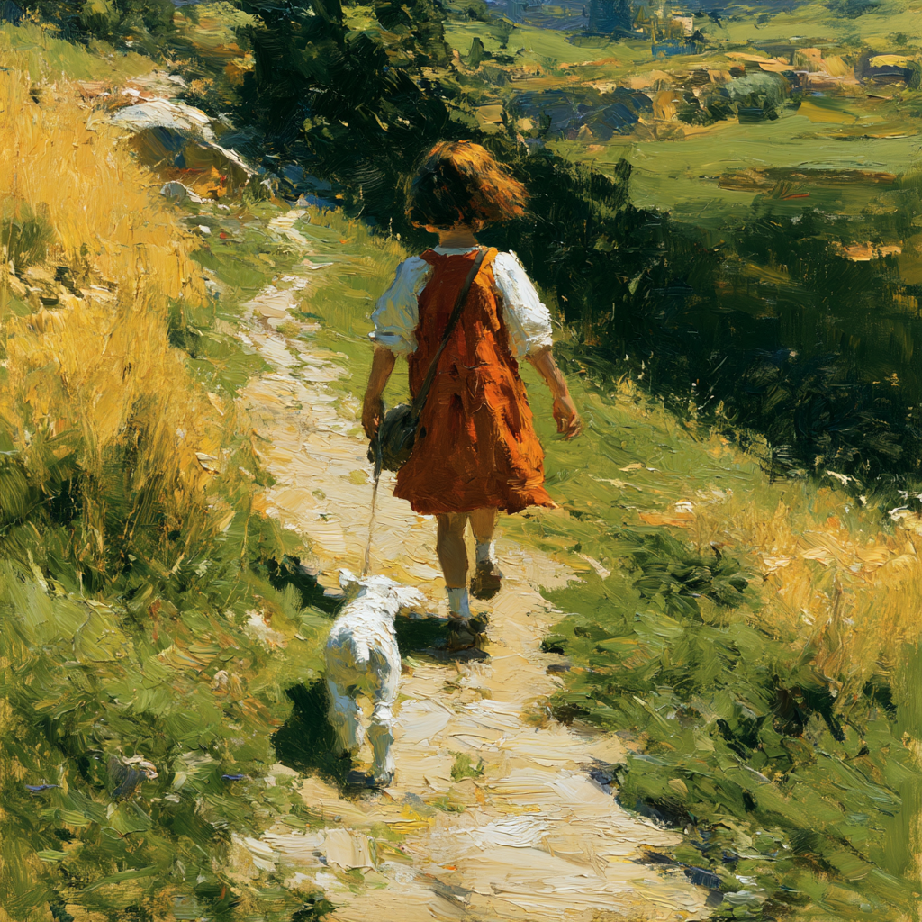 A small girl walking along a country path, a white lamb close at her heels