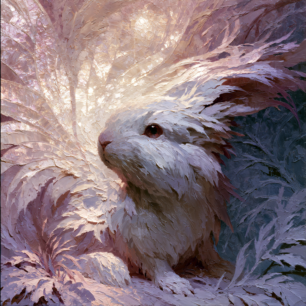 A small white rabbit mid-transformation, its form dissolving into shimmering, translucent fairy wings 