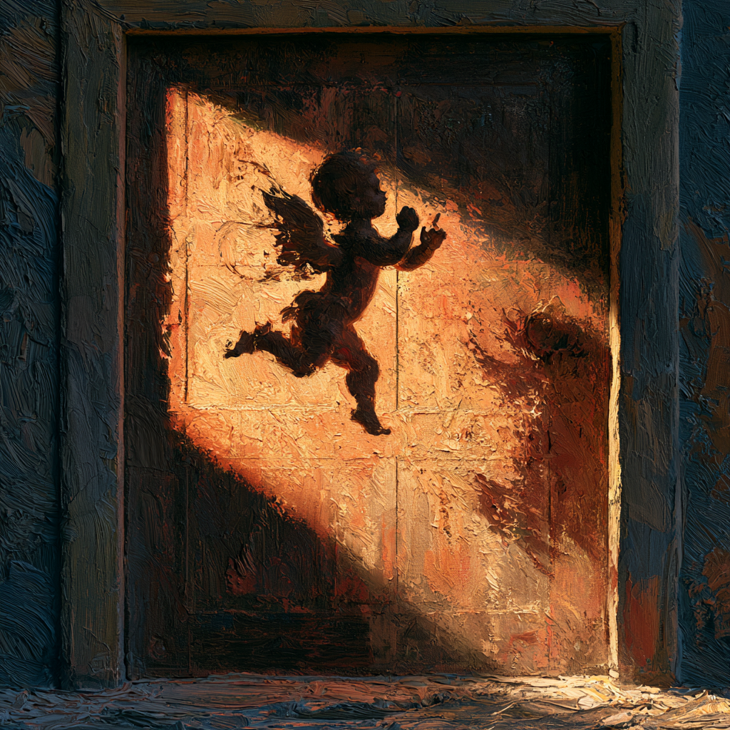 Sagittarius 7 - A small winged cherub Cupid suspended mid-air before an old wooden door