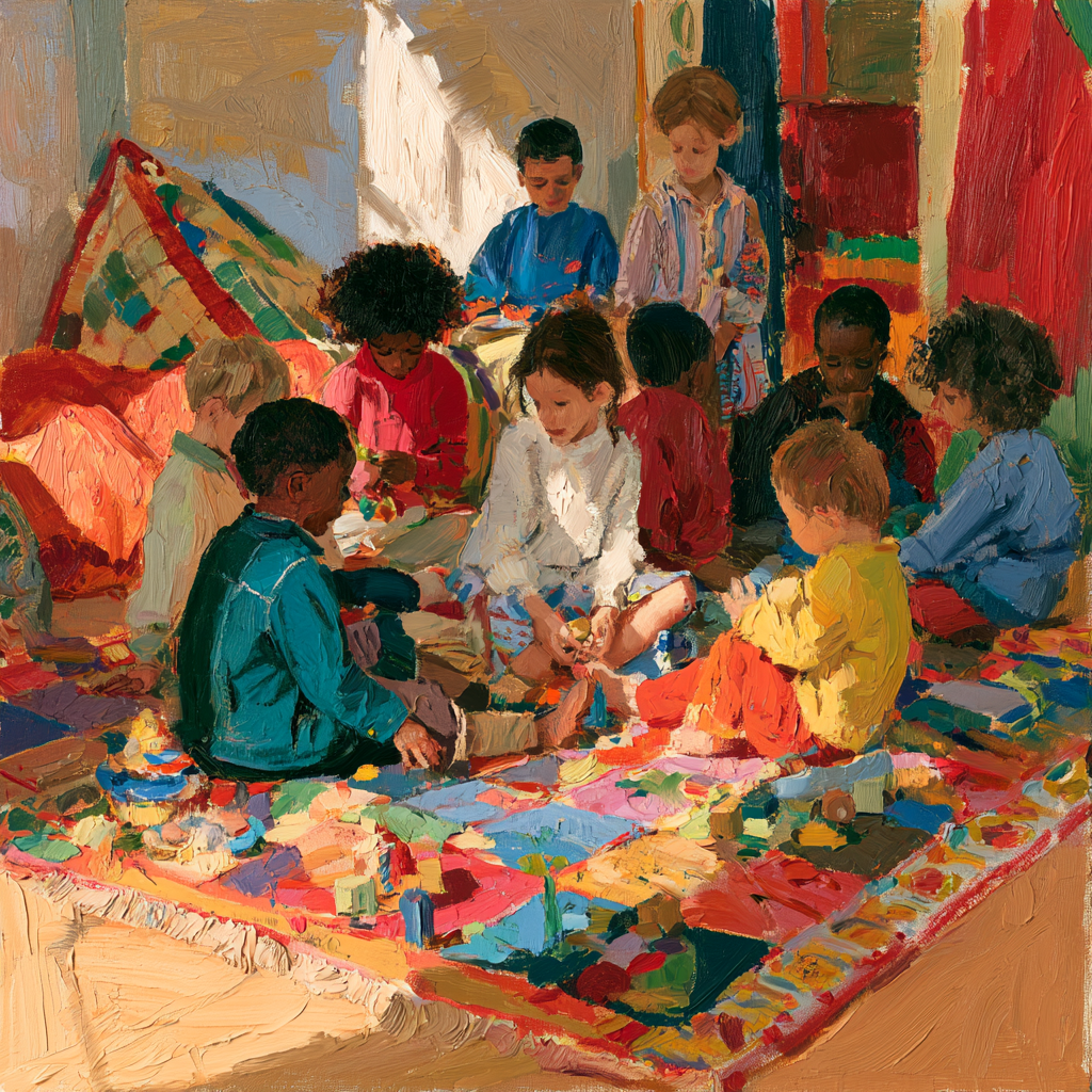 Aquarius 22 - A soft, colorful rug spread across a warm nursery floor, children of different skin colours playing