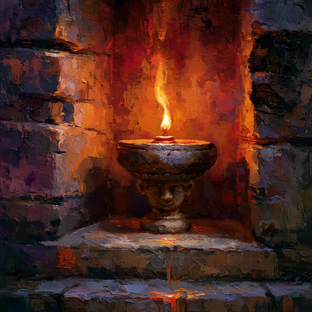 Sagittarius 11 - A softly glowing oil lamp burning within an ancient stone container clearly shaped like a human form