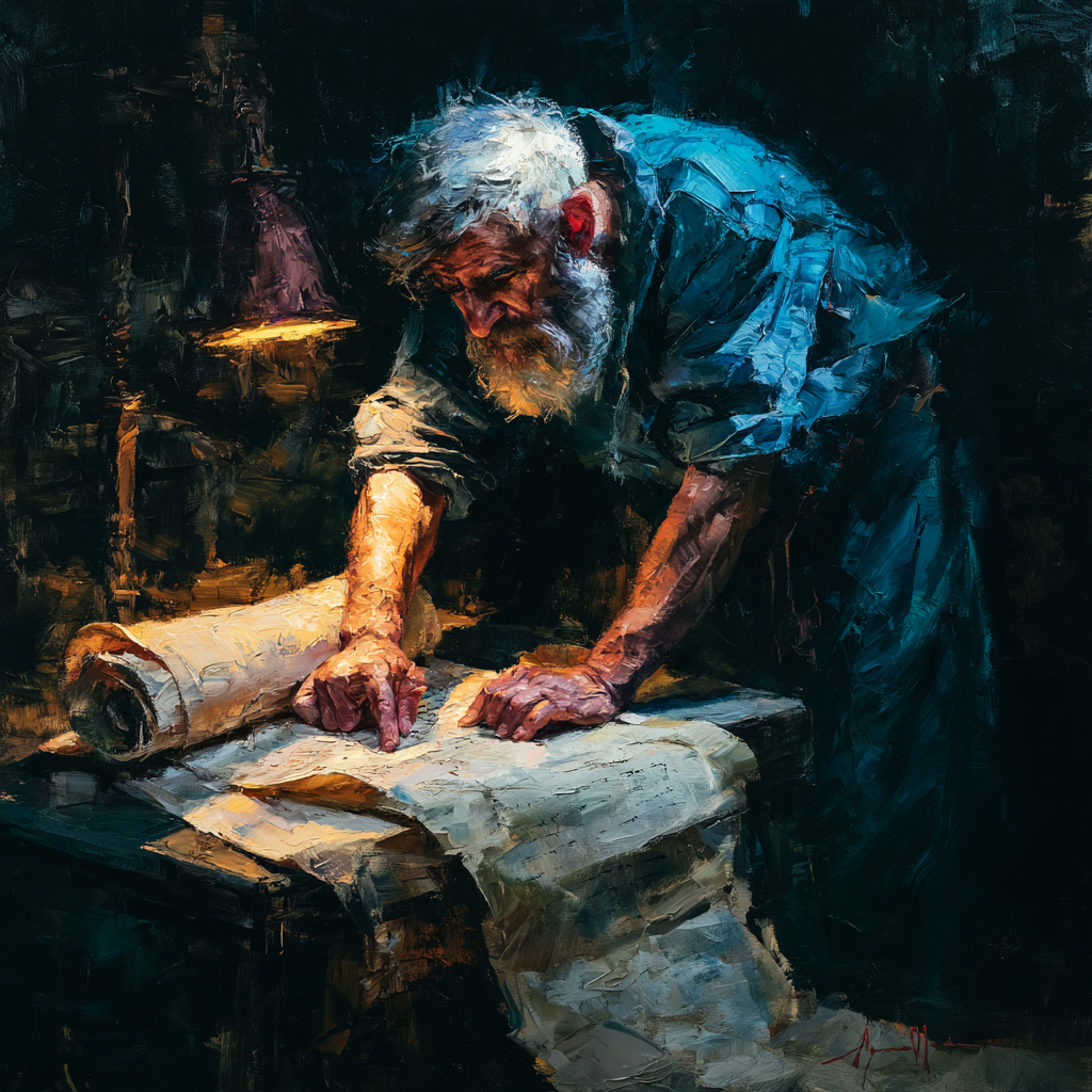 A solitary figure bent over an ancient scroll in a dimly lit study
