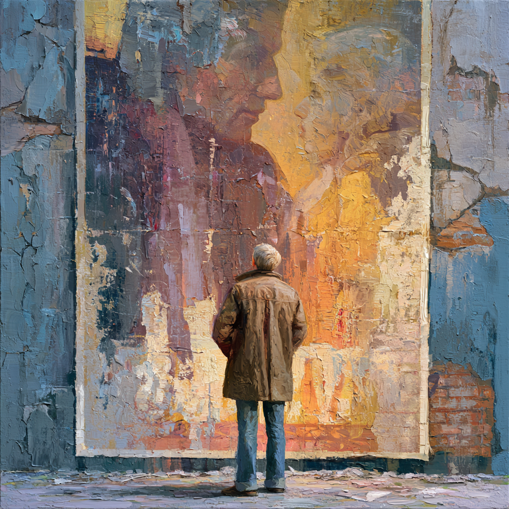 Aquarius 10 - A solitary figure standing before a faded, cracked movie poster of their own younger, glorified image