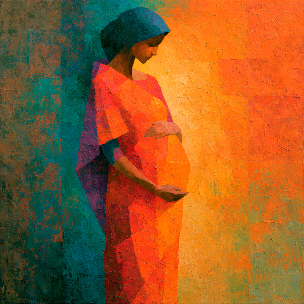 A solitary pregnant Indian woman standing in soft luminous light