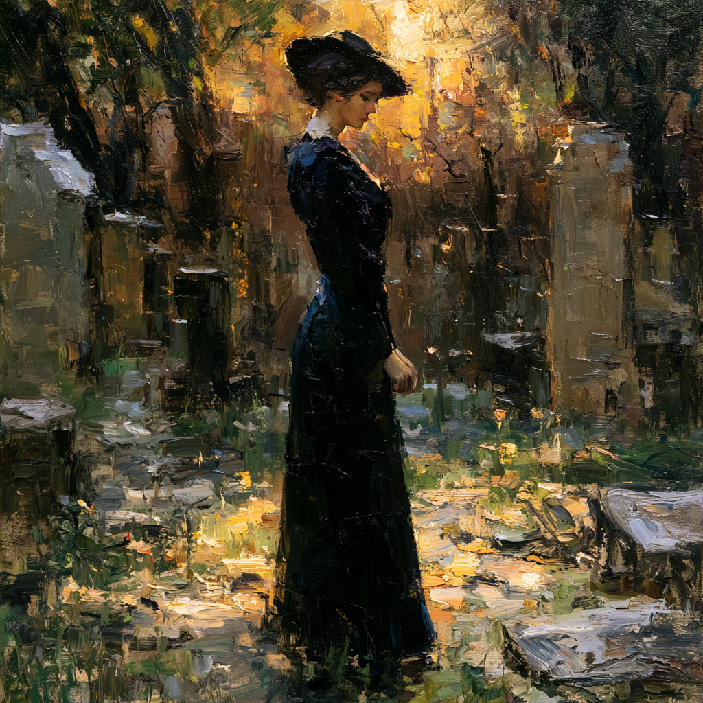 Sagittarius 13 - A solitary widow in mourning dress standing in soft, revealing light within an old cemetery