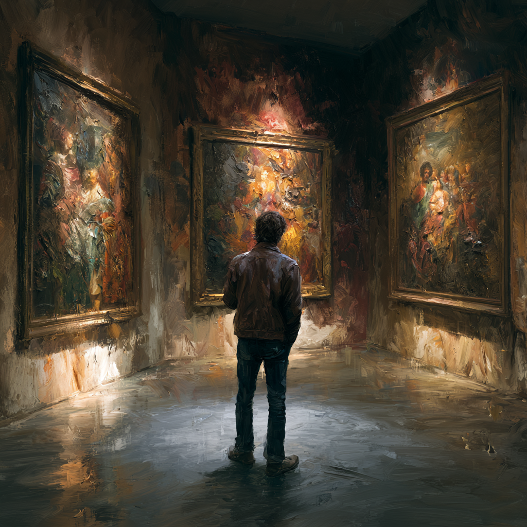 A special room in an art gallery, three large old master paintings hanging on the walls