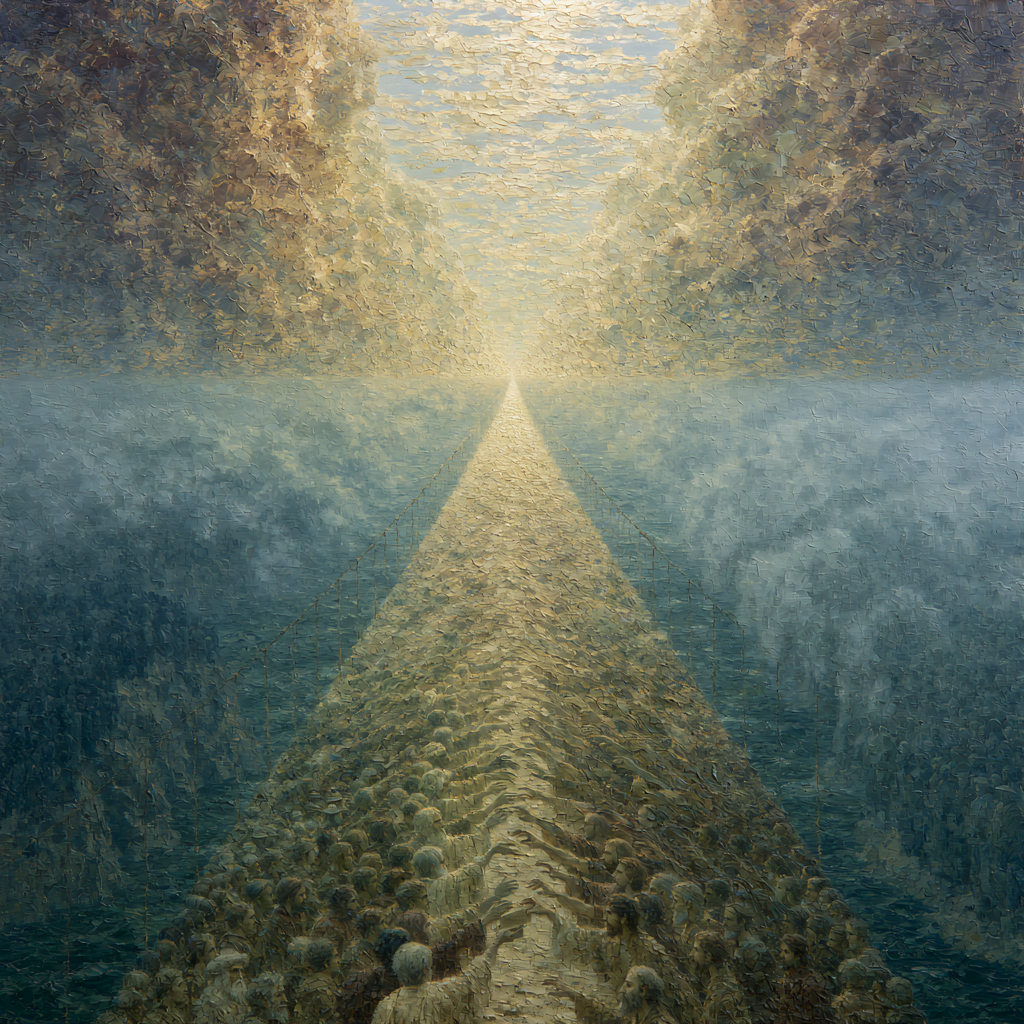 A vast, luminous bridge stretching across an impossible span, countless hands from different eras reaching toward its center