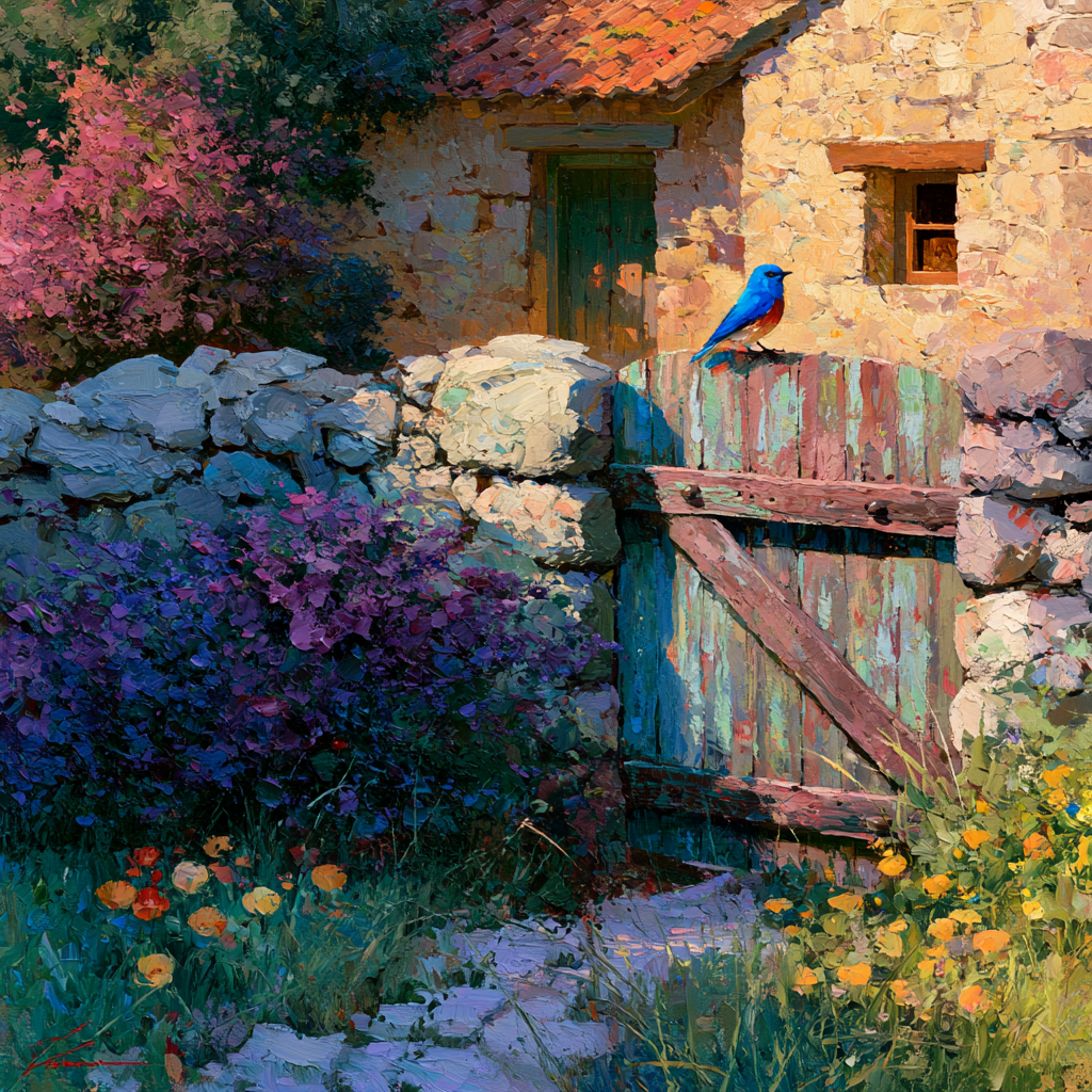 Sagittarius 24 - A vivid bluebird perched delicately on a weathered wooden garden gate before a stone cottage