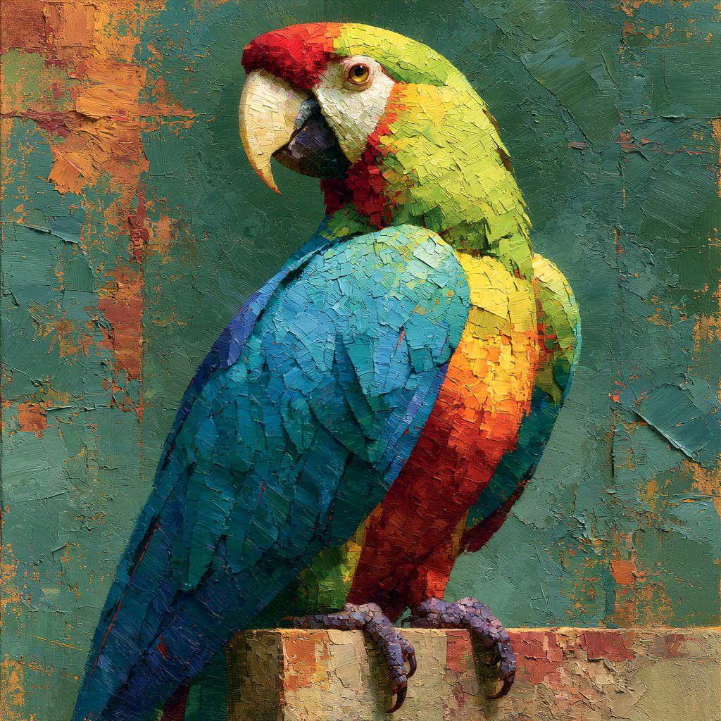 A vividly colored parrot perched attentively, head tilted mid-listening