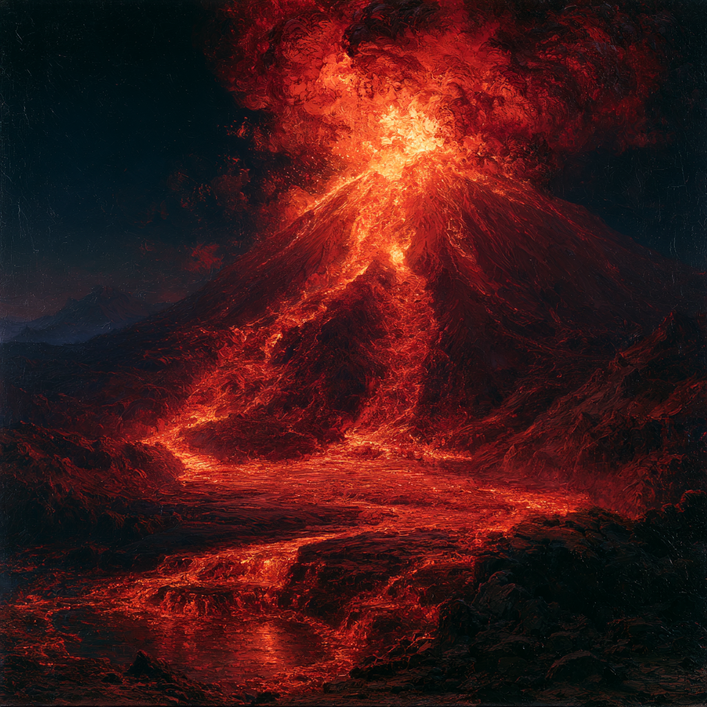 A volcano in full eruption at night, lava flowing down the mountainside in rivers