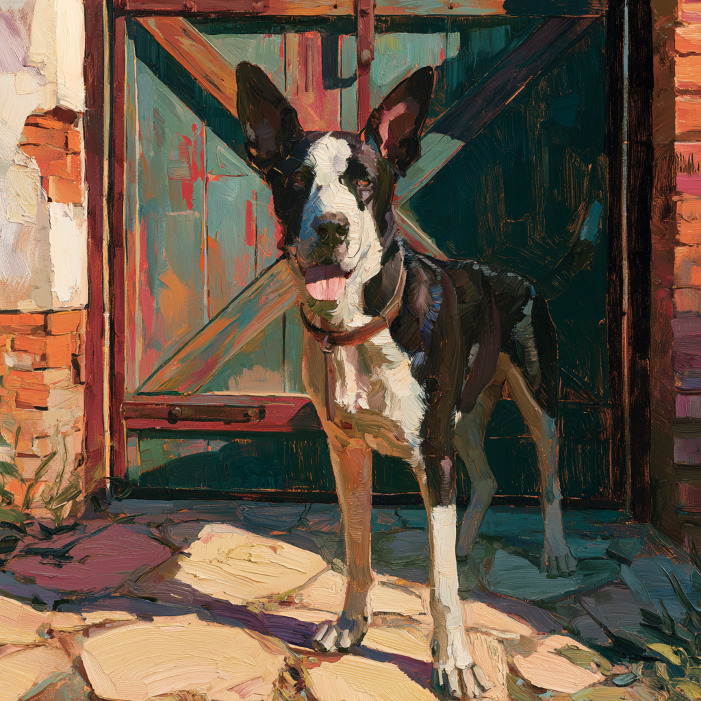 Aquarius 17 - A watchful guard dog standing alert at a gate, ears raised