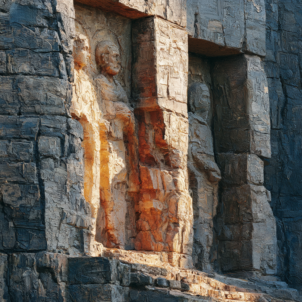 Capricorn 14 - A weathered ancient bas-relief carved into a granite wall, worn figures still faintly visible after centuries