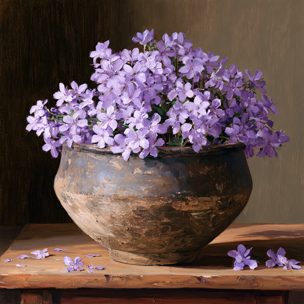 Aquarius 27 - a weathered, ancient clay bowl filled with fresh violet blossoms resting on a worn wooden table