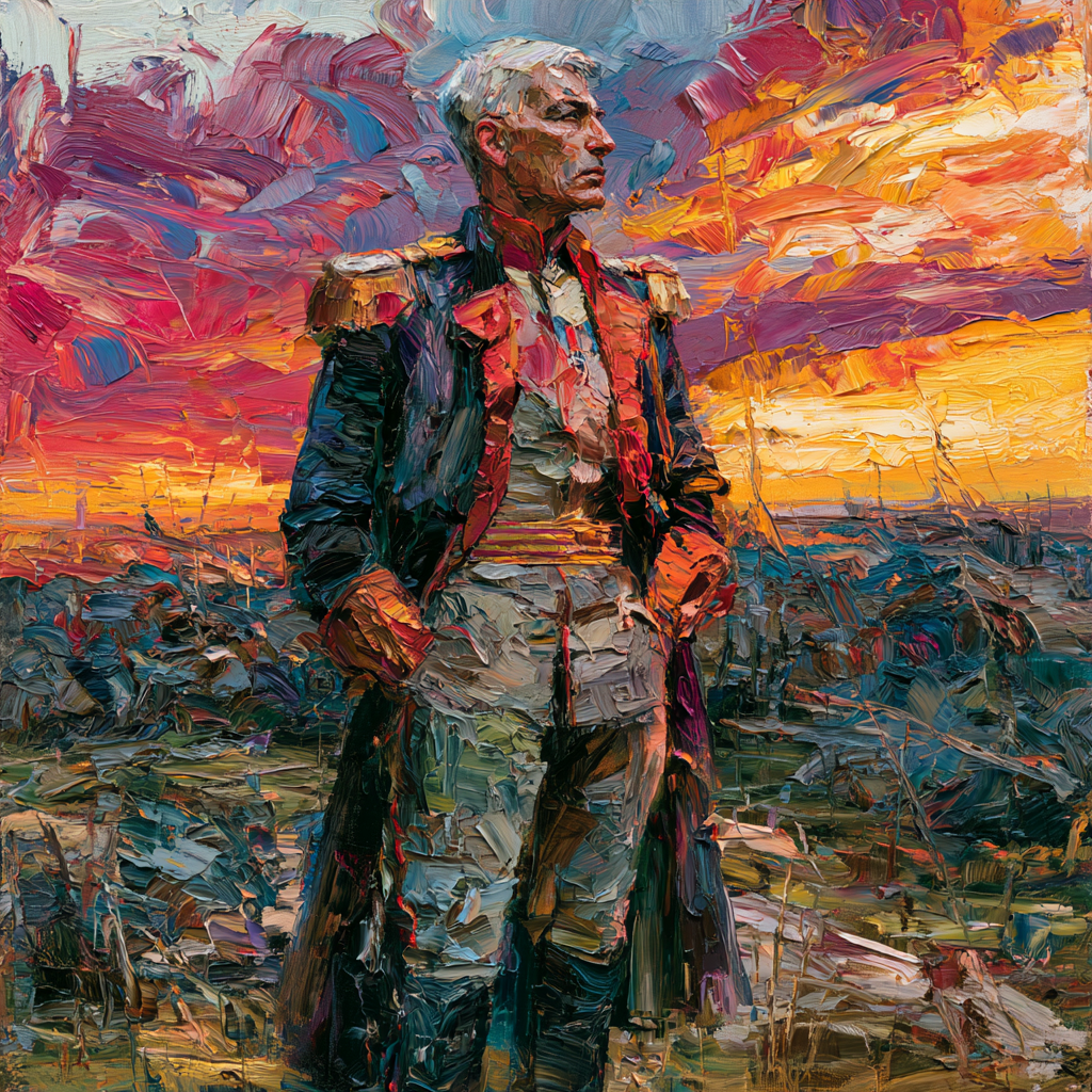 Capricorn 22 - A weathered military general standing with quiet dignity on a battle field as he accepts defeat