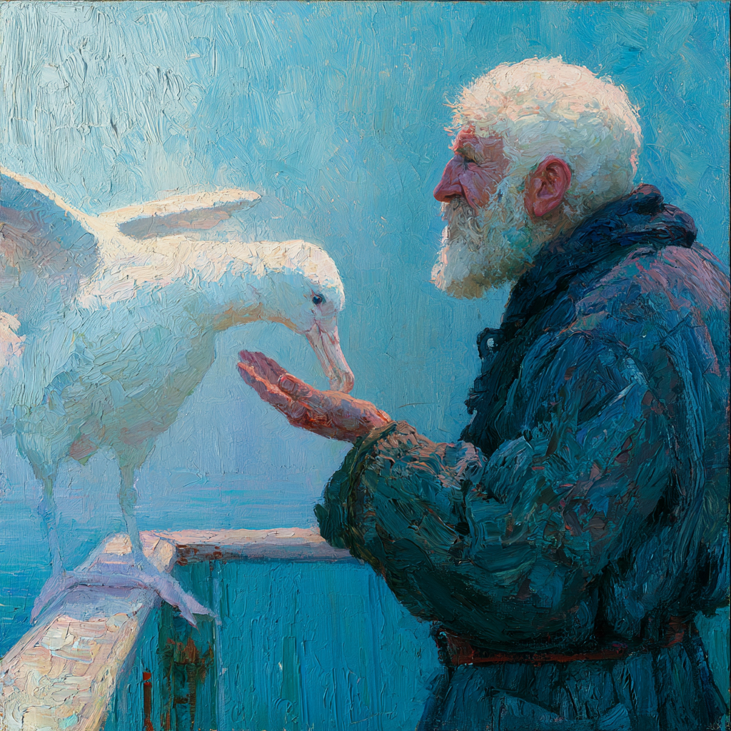 Capricorn 10 - A weathered sailor standing at a ship's rail, a large white albatross gently feeding directly from his open palm