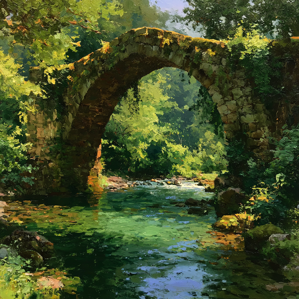 Sagittarius 28 - A weathered stone bridge arching gracefully over a clear, flowing stream