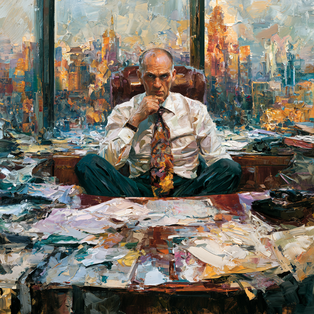 Aquarius 16 - A well-dressed businessman seated at a large mahogany desk covered in papers