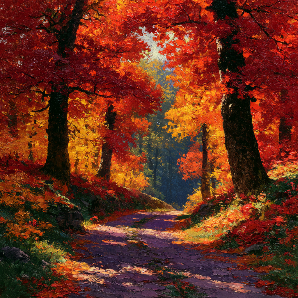 A winding forest path surrounded by trees ablaze in brilliant reds, golds, and oranges of full autumn splendor
