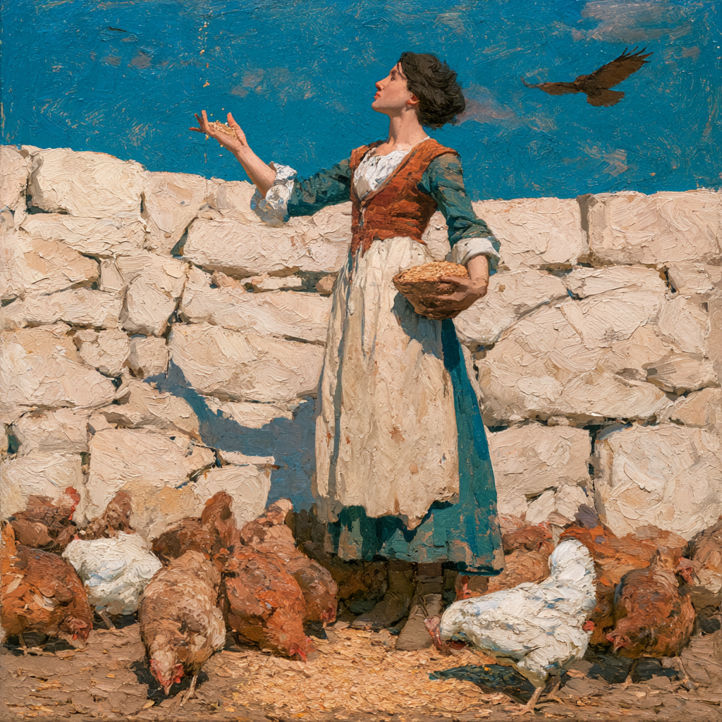 A woman in a farmyard scattering grain to a flock of chickens at her feet
