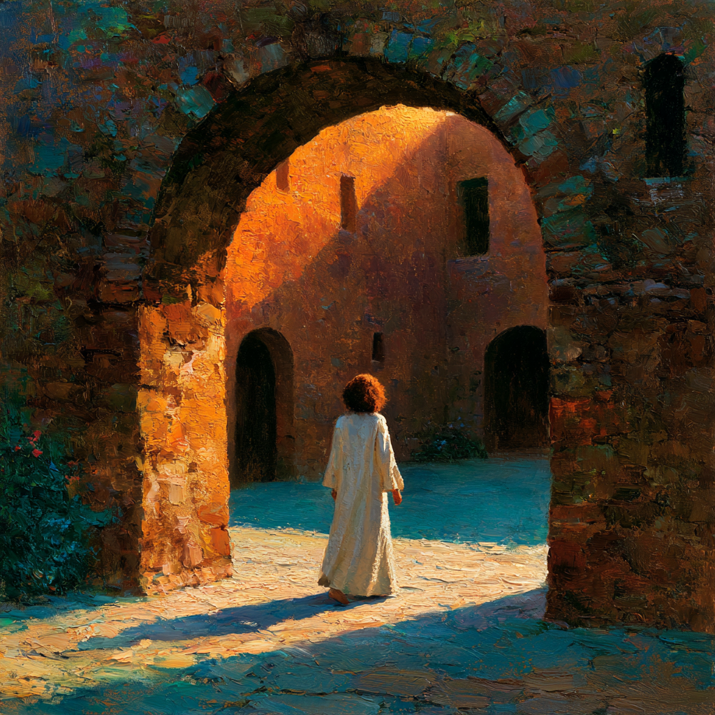Capricorn 24 - A woman in simple robes walking through an arched stone gateway into a quiet convent courtyard