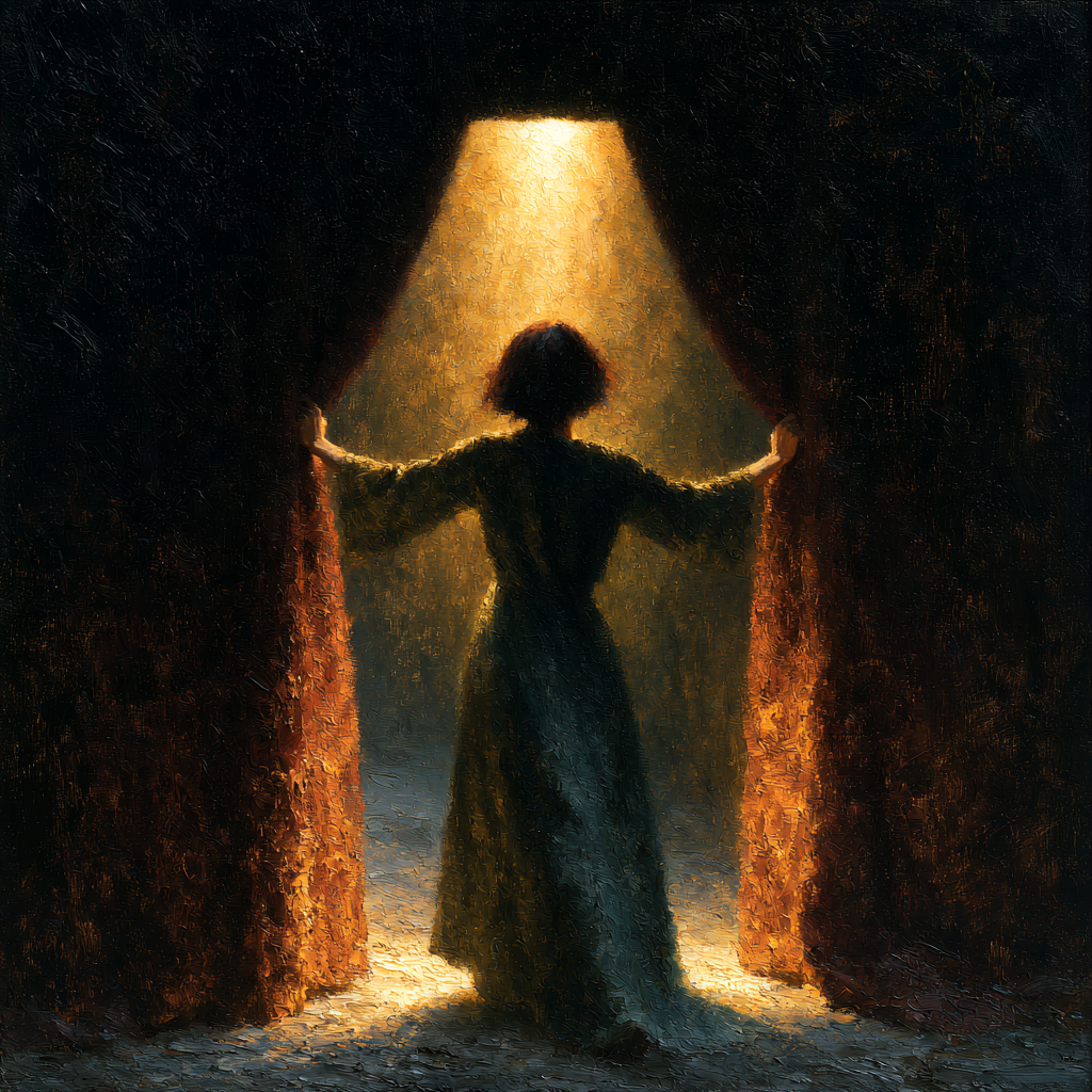 A woman resolutely drawing apart two heavy dark curtains