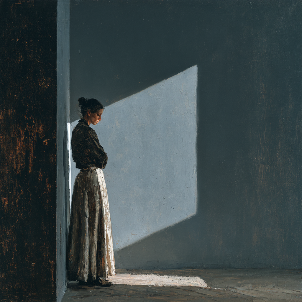 Aquarius 21 - A woman standing alone in a sparse, muted room
