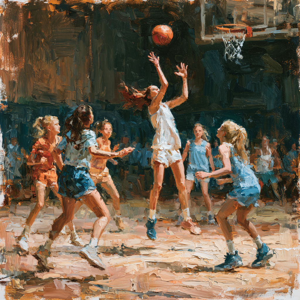 A women's basketball team in coordinated movement