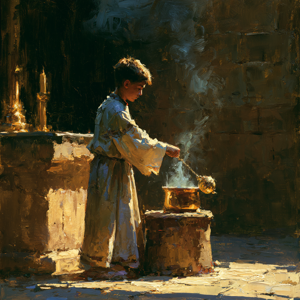 A young altar boy in ceremonial robes swinging a golden censer
