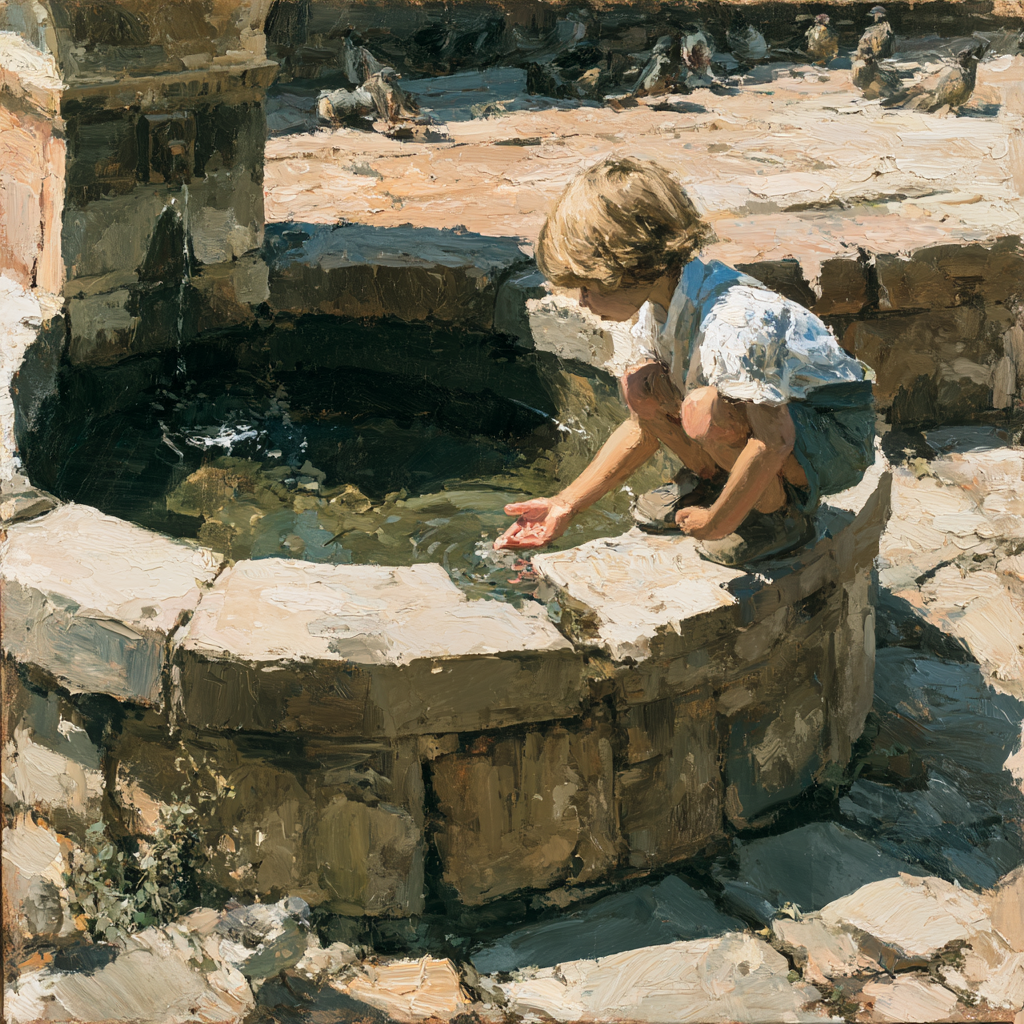 A young child crouched at the edge of a weathered stone fountain