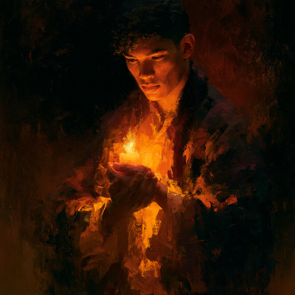 A young figure standing in soft darkness, cupping a single lit candle
