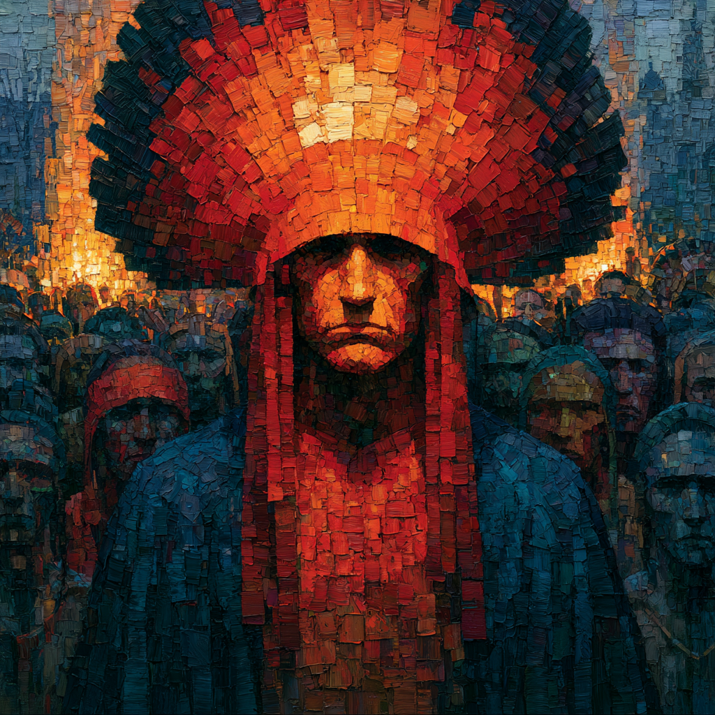 Capricorn 1 - A native American chief standing resolute before an assembled tribal gathering at dusk
