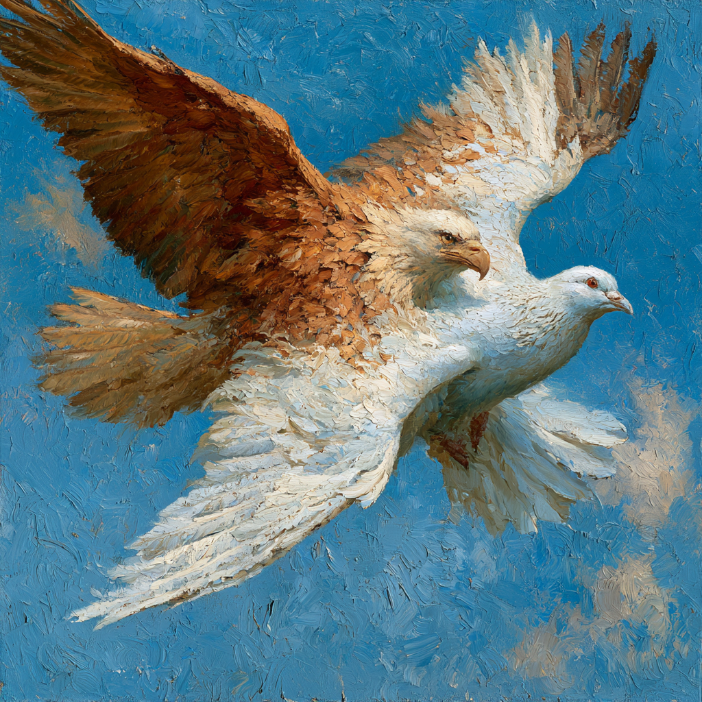 An eagle and a large white dove mid-transformation into one another