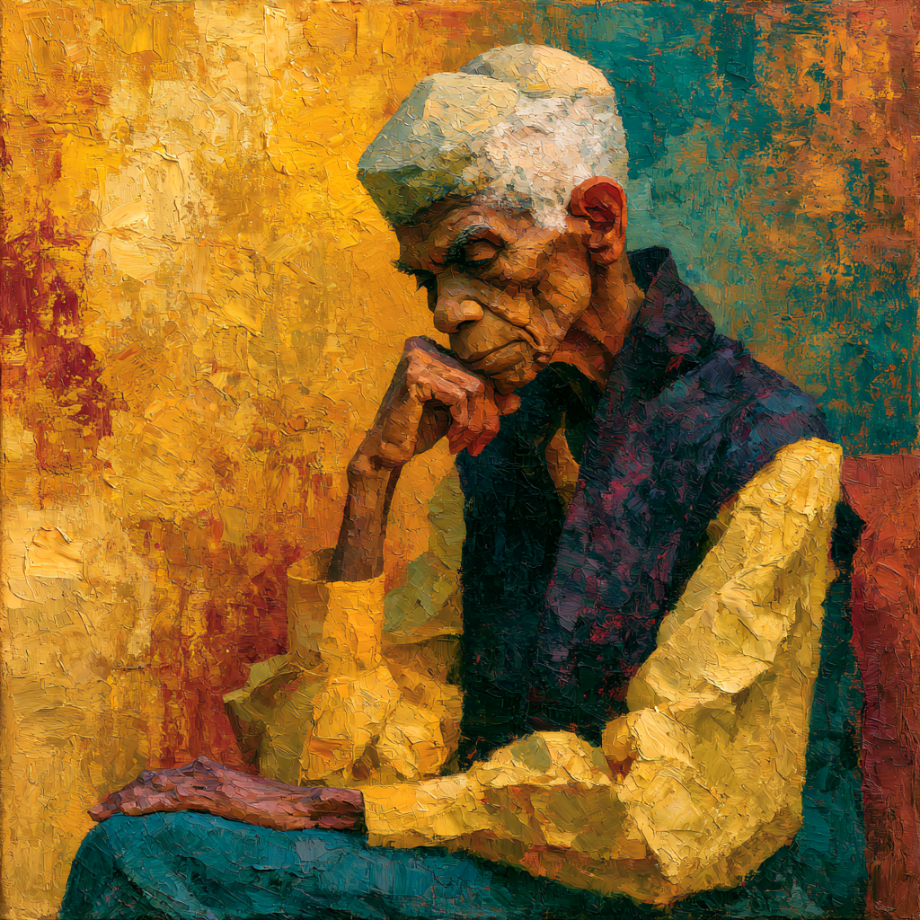 An elderly black female philosopher seated in quiet contemplation